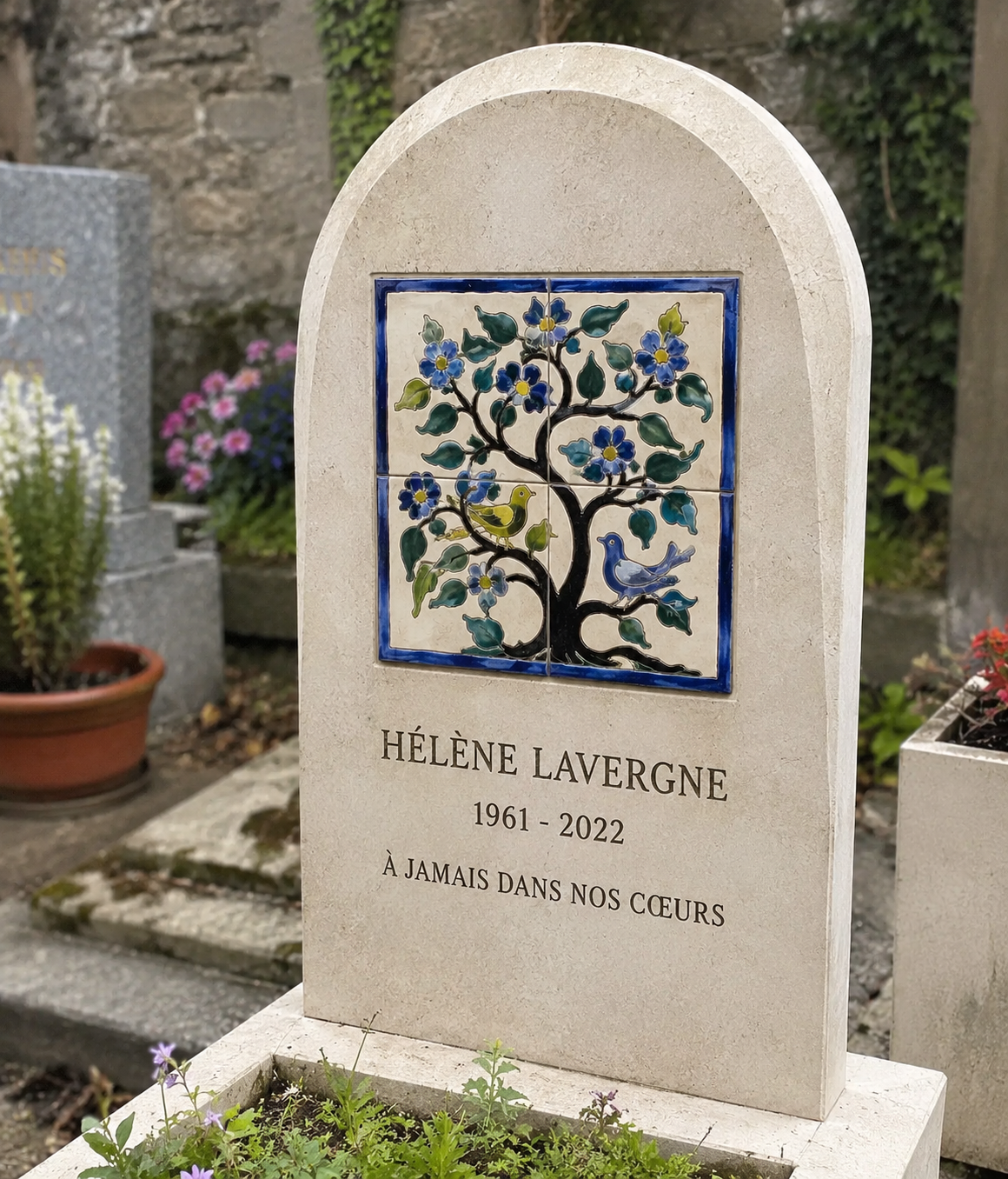 Carré panneau céramique arbre de vie aux fleurs bleues et oiseaux, fixé sur une stèle en pierre