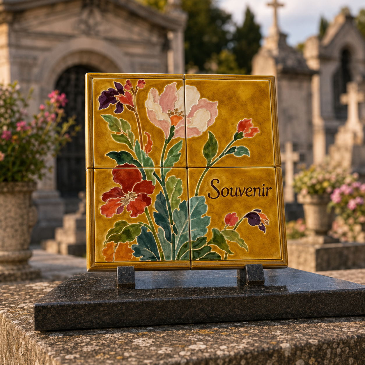 Plaque funéraire personnalisée en céramique, fleurs ocre peintes à la main