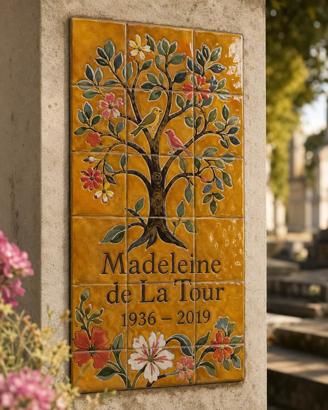 Plaque funéraire arbre de vie en céramique peinte à la main, posée sur une stèle
