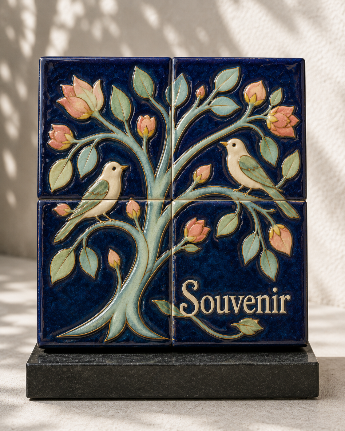 Plaque arbre de vie en céramique bleue, oiseaux et bourgeons peints à la main, posée sur un socle en granit