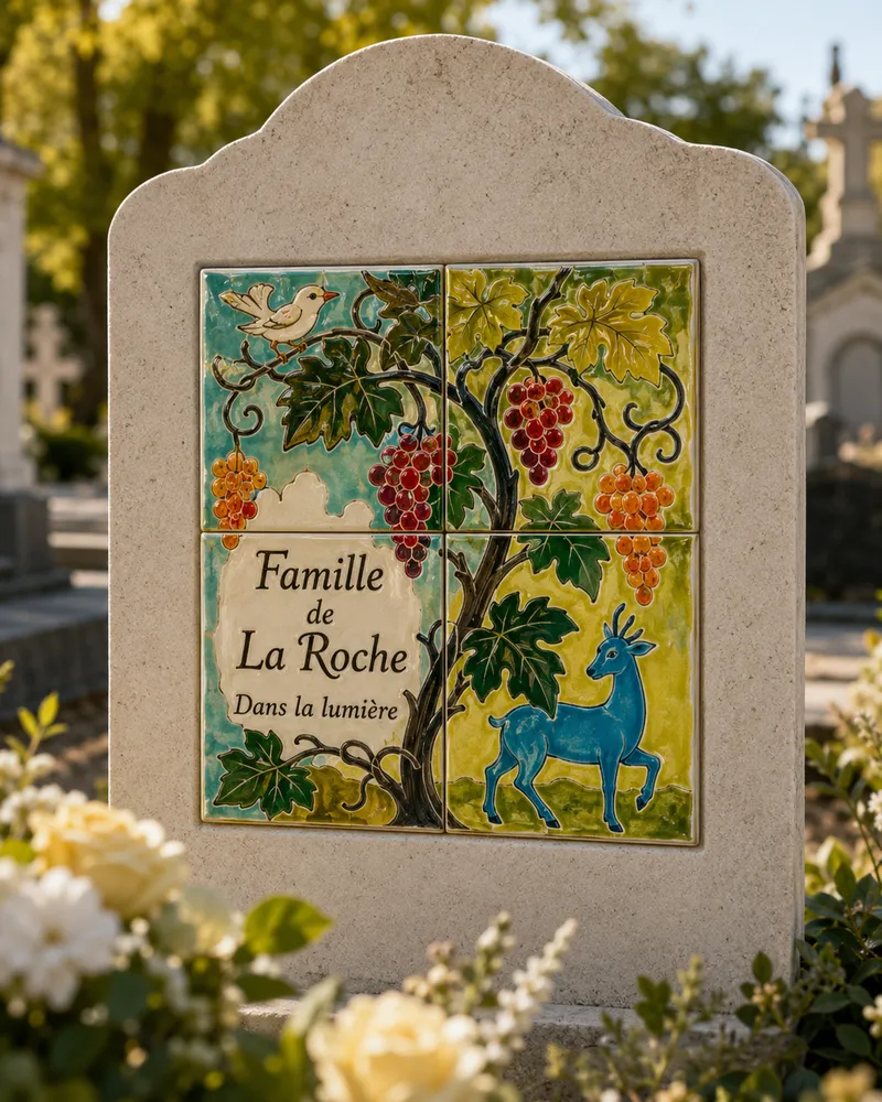 Plaque céramique sur stèle, vigne et oiseau, Famille de La Roche