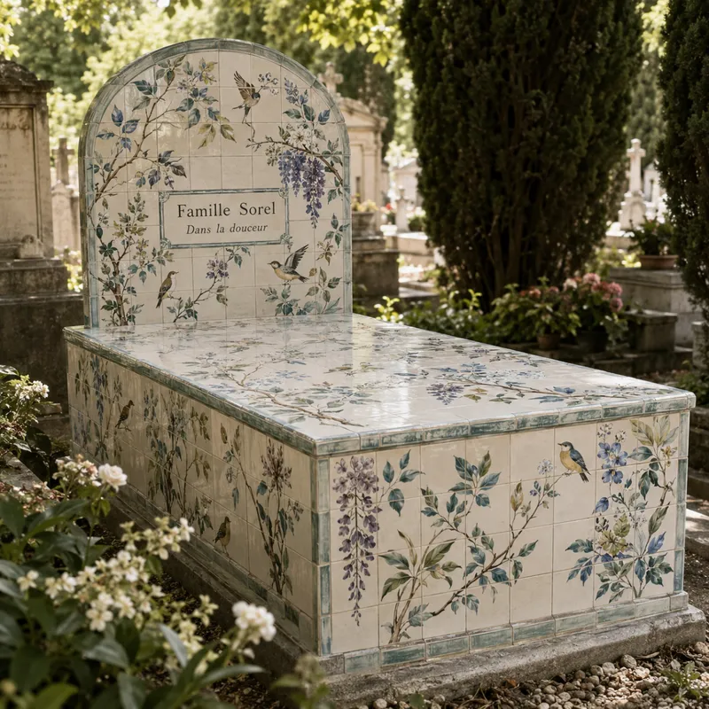 Caveau habillé en céramique, décor floral et oiseaux