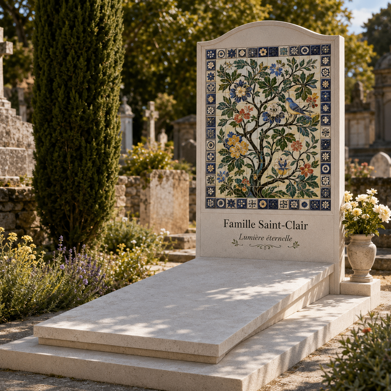Stèle habillée d'une grande fresque céramique arbre de vie aux fleurs colorées et oiseau bleu
